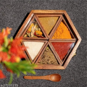 Luxury Wooden Spice <b>Box</b> Set Brass Masala Dabba Container Round Kitchen Spice Storage Organizer Holder with Brass Lid Spoon - Product Image 2