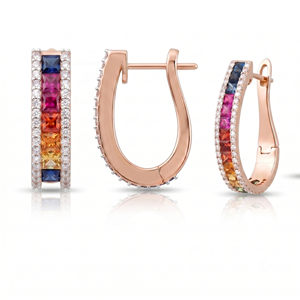 Boucles d'oreilles créoles pour femmes avec pierres précieuses dégradées arc-en-ciel et diamants taille ronde, pour usage quotidien, avec diamants naturels et de laboratoire et pierres précieuses - Product Image 3