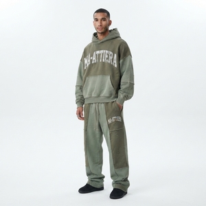 Custom Men Olive Green Distressed Hoodie <b>Jogger</b> Set Cotton Fleece <b>Oversized</b> Streetwear Tracksuit OEM Wholesale - Product Image 1