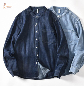 Chemise en jean pour homme, manches longues, col mandarin, 100% coton, couleur unie, boutons sur le devant, coupe classique, toutes saisons - Product Image 1