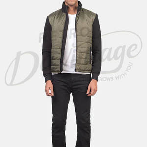 Veste d'hiver pour homme moderne à manches contrastées, couleur olive, style puffer, décontractée, chaude, rembourrée, coupe ajustée, fermeture éclair. - Product Image 4