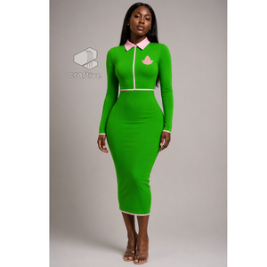 Alpha |   Kapa |   Robe moulante mi-longue verte Alpha pour femme avec col polo rose contrastant, fermeture éclair quart de tour, manches longues, coupe ajustée, style décontracté - Product Image 5