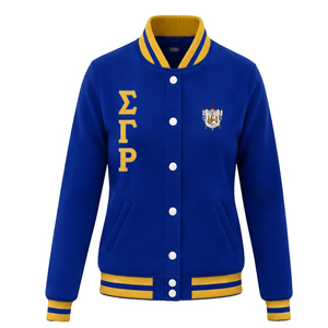 เสื้อแจ็คเก็ตบอมเบอร์ลำลองผ้าซาตินสำหรับผู้หญิง Sigma Gamma Rho แบบซิปด้านหน้า แขนยาว เสื้อผ้าแฟชั่นสำหรับชมรมนักศึกษากรีก OEM ODM - Product Image 1