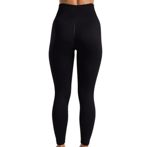 Leggings de yoga côtelés taille haute longueur intégrale avec logo sur la jambe droite, en Spandex Nylon, extensibles dans quatre directions, taille élastique, couleur noire unie - Product Image 3