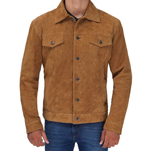 Men's High Quality Premium Leather <b>Trucker</b> <b>Jacket</b> Suede Canvas Front Logo Winter Green/Olive Suede Fully Lined - Product Image 2