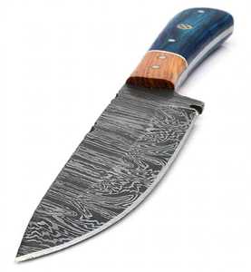 Couteau utilitaire artisanal en acier Damas avec manche bicolore bleu et bois naturel, personnalisable OEM - Product Image 4