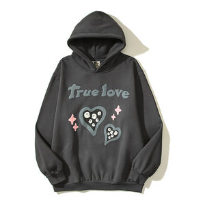 Sweat-shirt à capuche oversize unisexe en coton noir avec imprimé cœur True Love, style décontracté, impression silicone du logo avant, style automne - Product Image 1