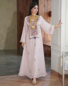 Awais House - Abaya Larga hasta el Suelo para Mujer, Color Granate, Poliéster, con Cuentas Bordadas, Cuello en V, Manga Larga, Elástica, Modesta y Elegante - Product Image 3
