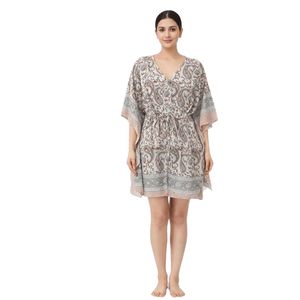 Kaftan court semi-transparent en pur coton pour femme, élégant, imprimé à la main, vêtement de nuit - Product Image 2