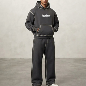 OEM/ODM Custom Made Casual Wear Solid Color Contrast Stitch <b>Sweat</b> <b>suits</b> <b>for</b> <b>Men</b> Pullover Boxy Hoodie and Baggy Jogger Set - Product Image 4