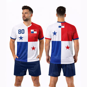 Ensemble maillot et short de football style Panama en gros, uniforme d'entraînement de football personnalisé rouge blanc bleu - Product Image 1