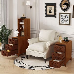 <b>Walnut</b> Bedroom Corner Side Table with 2 Open <b>Shelves</b> & 3 Drawers Tall End Table with Expected Arrival Date - Product Image 3