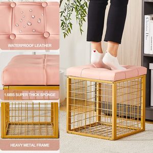 Pouf Contenitore in Rete di Ferro da 55L, Poggiapiedi in Ecopelle Dorata con Spazio Multiuso per Camera da Letto e Soggiorno - Product Image 5