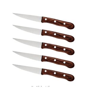 Juego de 5 cuchillos para carne con mango de madera marrón, hojas dentadas plateadas y remaches triples para cortar filetes en la mesa. - Product Image 2