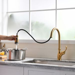 Robinet de cuisine monocommande à bec haut doré avec douchette extractible, finition or brossé, pour évier de cuisine à 1 trou - Product Image 4
