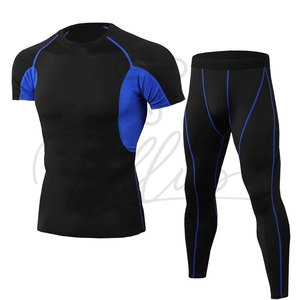 Men <b>Compression</b> Set Black With Purple Contrast Stitch Crew Neck <b>Short</b> Sleeve Full Length Sweat Wicking Yoga Wear 2 Piece - Product Image 4