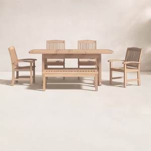 Ensemble de salle à manger d'extérieur rectangulaire en teck massif, 6 pièces, table de patio à plateau à lattes avec banc et chaises - Product Image 1