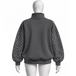 Charcoal Oversized <b>Women</b> Mock Neck Sweatshirt Pearl Studded Sleeve Pullover Loose Fit Casual Streetwear Long Sleeve <b>Winter</b> <b>Top</b> - Product Image 2