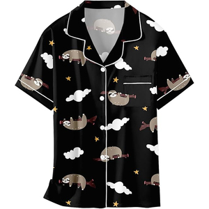 Short Sleeve <b>Pajamas</b> <b>Set</b> With Sloth Print <b>Black</b> Cotton Sleepwear Casual Summer Nightwear 2 Piece Button Front Design - Product Image 4