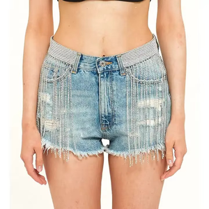 Shorts de mezclilla elásticos ajustados de cintura alta transpirables para mujer, talla grande, color azul, sexy, al por mayor - Product Image 4