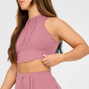 Top Deportivo Corto para Mujer, Nuevo, Material Acanalado, Diseño con Cordón Ajustable, Cuello Alto, Top Deportivo para Gimnasio, Absorbe el Sudor - Product Image 4