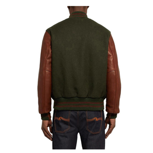 Veste de sport verte pour homme avec manches en cuir marron, col montant, fermeture à boutons, vêtement décontracté pour l'automne - Product Image 5