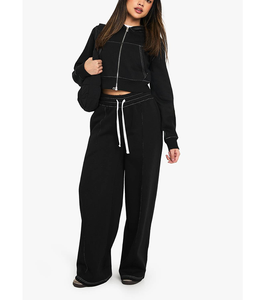 Conjunto Deportivo de 2 Piezas para Mujer, Modelo 2026, con Costuras en Contraste, Sudadera Corta de Algodón y Felpa, Cierre con Cordón, Bolsillos Delanteros - Product Image 1