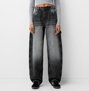 Jean en denim délavé clair pour femme, taille haute, coupe skinny droite, respirant, écologique, résistant à la décoloration, avec fente à l'ourlet, décontracté, longueur complète - Product Image 1