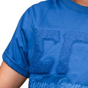 T-shirt en chenille Sigma Gamma Rho bleu roi pour femme, avec lettres grecques brodées, haut décontracté à col rond de qualité supérieure - Product Image 5
