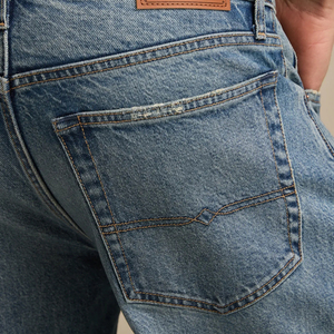 Jean droit rétro en denim délavé pour homme, taille haute, couleur unie, délavage moyen, style classique décontracté, ODM - Product Image 5
