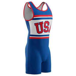 Combinaison de lutte imprimée blanche et bleue pour jeunes et hommes, uniforme de lutte en spandex, combinaison de musculation avec logo d'équipe, combinaison de gym - Product Image 2