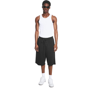 Shorts longs en molleton noir pour homme, taille élastique, cordon de serrage, poches latérales, ourlet brut, coupe ample, style streetwear, logo personnalisé OEM, vente en gros - Product Image 1