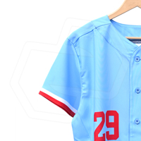 Seragam Jersey Baseball Pria Kancing Depan Warna Biru Muda Bahan Polyester Bernapas Logo Nomor Dewasa Pakaian Olahraga Tim Set Seragam Kustom Grosir