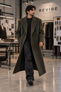 <b>Men's</b> Dark Olive Charcoal Oversized Wool Overcoat Double Breasted <b>Long</b> <b>Winter</b> <b>Coat</b> Heavyweight Fashion Outerwear - Product Image 4