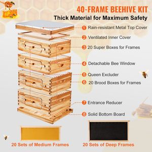 Bee Hive Starter Kit 40 Frame Beeswax-Coated Cedar Wood 2 Deep 2 Medium Bee Boxes Langstroth Hive Ventanas acrílicas transparentes - Product Image 6