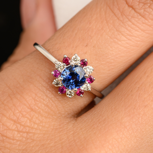 14K White Gold Ruby Blue Sapphire & Diamond Flower Ring-Resizable Wedding Band - Product Image 1