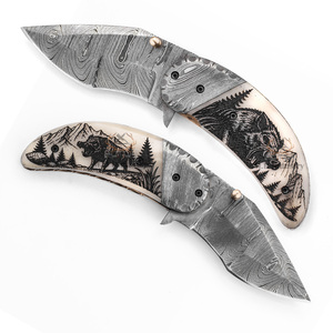Cuchillo de Acero de Damasco Personalizado - Hoja Grabada con Láser - Mango de Hueso de Camello - Cuchillo de Caza y Camping de Grado Industrial 19cm OEM - Product Image 3