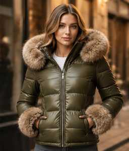 Chaqueta Acolchada Verde Oliva para Mujer con Capucha con Ribete de Piel, Cierre de Cremallera, Abrigo de Invierno Cortavientos, Manga Larga, Relleno Grueso de Poliéster - Product Image 1