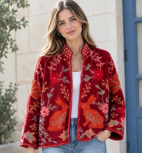 <b>Women's</b> Red <b>Velvet</b> Embroidered <b>Jacket</b> with Mandarin Collar and Rabbit Floral Pattern Rabbit Pattern <b>Jacket</b> <b>Women</b> Floral Embroid - Product Image 1
