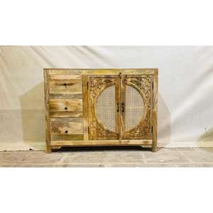 Aparador de ratán de 2 puertas tallado a mano en madera con 3 cajones - Product Image 1