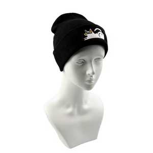Custom Logo White <b>Cat</b> Embroidery Beanie <b>Hat</b> Unisex Adult Winter Casual Style Solid Black Cuffed Design - Product Image 5