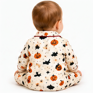 Conjunto de Pijama de Halloween para Bebés Unisex al por Mayor, Mono de Manga Larga con Estampado de Sombrero de Bruja, Telaraña y Calabaza - Product Image 6