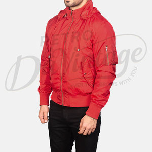 Custom <b>Men</b> Red Hooded Bomber <b>Jacket</b> Windproof Casual <b>Flight</b> <b>Jacket</b> with Detachable Hood and Sleeve Zipper Pocket Coat - Product Image 5