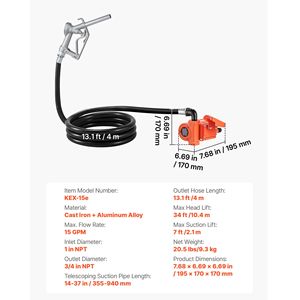 Kit Pompa di Trasferimento Carburante 12V/24V DC, 15 GPM, Pompa Diesel in Ghisa con Erogatore Manuale, Tubo di Scarico e Protezione dal Surriscaldamento - Product Image 3