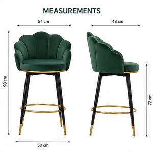 Chaise de bar moderne en velours vert avec structure en métal doré et dossier en forme de coquille pour bar à domicile ou usage commercial - Product Image 2