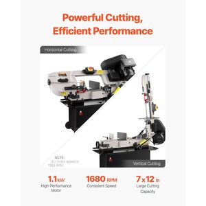 1.1 kW Moteur 0-45 degrés Réglage de l'angle Vitesse variable Métal Bois Plastique Scie à ruban 7X12 Capacité de coupe rectangulaire - Product Image 2