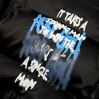 Blouson matelassé noir pour homme, col montant, fermeture éclair, coupe-vent, en polyester épais, style streetwear, coupe ample, imprimé lettres sur le devant