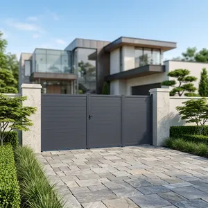 Puerta Principal Metálica Moderna con Listones Horizontales Grises y Puerta Peatonal, Puerta de Entrada de Seguridad Minimalista para Entrada de Vehículos de Casa o Villa - Product Image 2