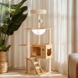 48.8\" Modern <b>Cat</b> Tower with Sisal Covered <b>Scratching</b> Posts Wood Indoor <b>Cat</b> <b>Tree</b> with Perch Carton Packed - Product Image 1