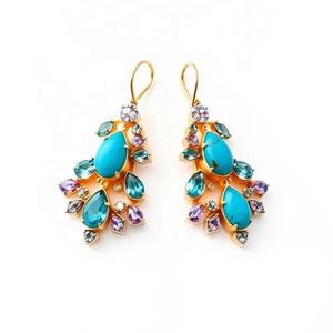 Boucles d'oreilles pendantes plaquées or faites à la main en argent sterling turquoise pour femmes et filles boucles d'oreilles pendantes à la mode - Product Image 3